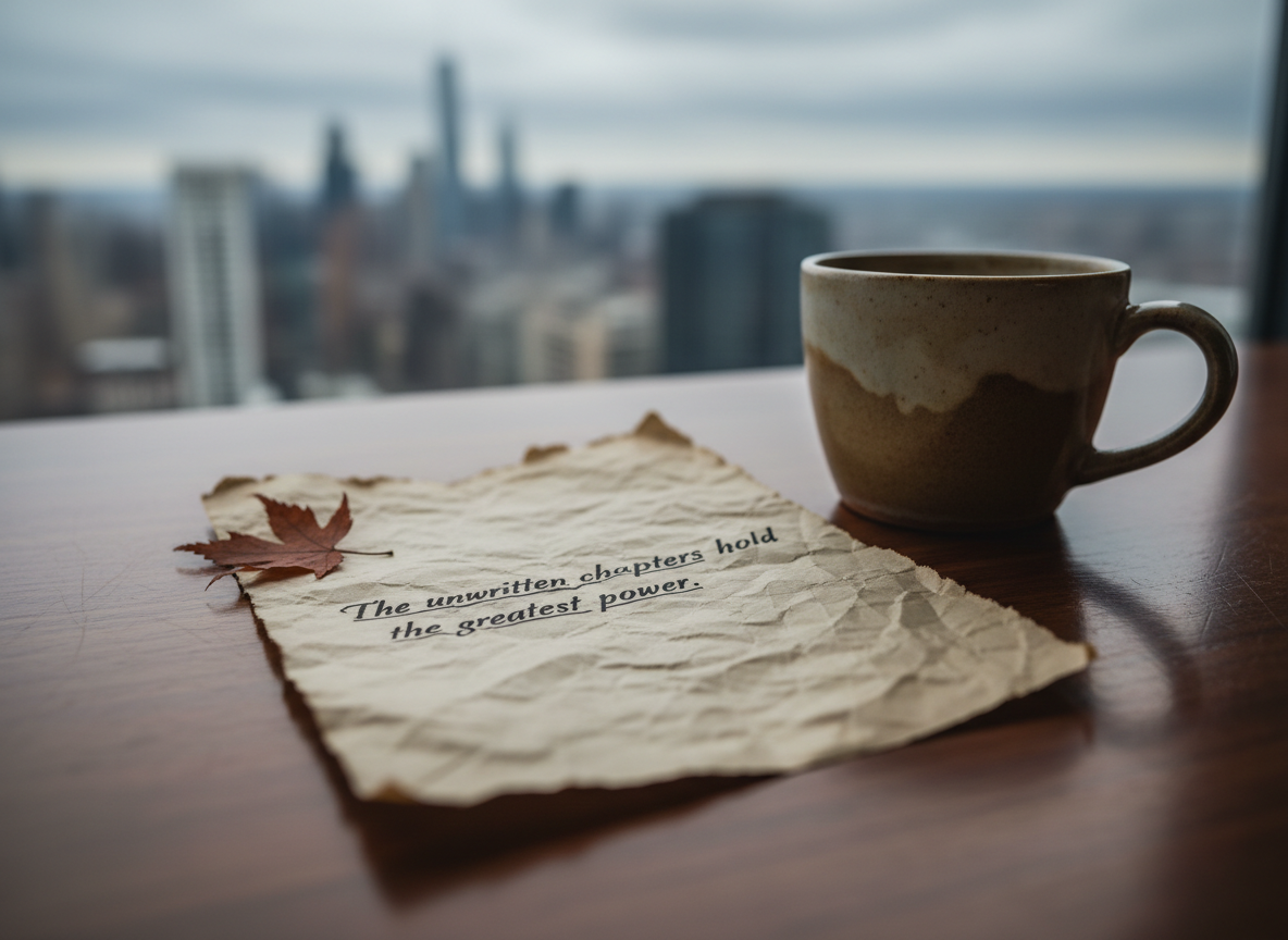 A worn but carefully folded sheet of handwritten notes, edges slightly frayed, rests on a dark walnut table beside a simple ceramic mug stained by years of tea. Outside a nearby window, an overcast cityscape is softly blurred, its shapes reduced to gentle smudges of gray and blue. Diffused daylight spills across the paper, revealing indentations of ink and the faint shadow of a pressed leaf tucked in the margin. Photographed at eye level with a shallow depth of field, the focus falls on one bold underlined sentence. The mood is contemplative and sophisticated, evoking the quiet weight of ideas that could ripple through many lives.
