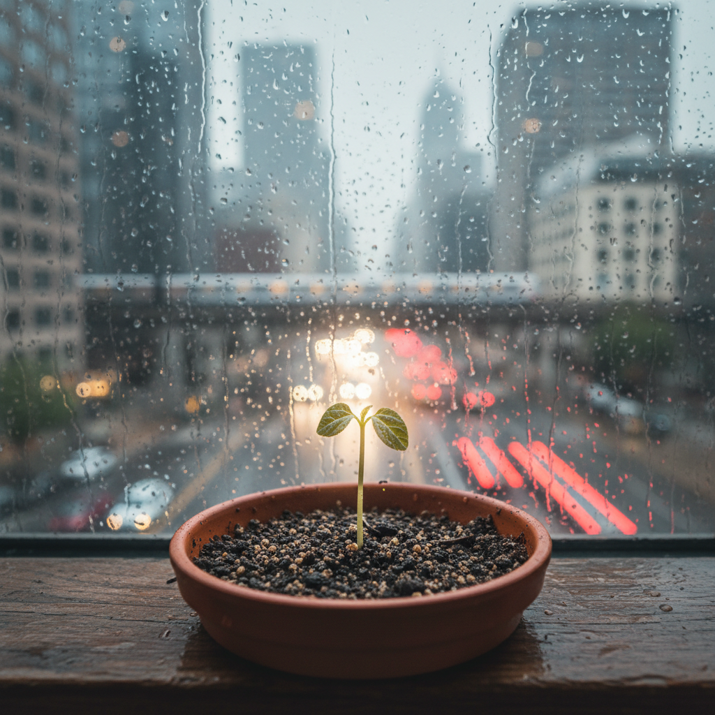 A simple seed sprouting in a shallow terracotta dish of dark, moist soil on a windowsill, its first pale green leaves just unfurling. Behind it, the city is rendered in soft-focus through rain-speckled glass: distant buildings, streaks of moving lights, a blurred train crossing a bridge. Late afternoon light, cooled by the rain clouds, glows gently around the fragile stem, creating a soft halo against the muted urban palette. Shot close-up with a macro lens, the composition isolates the seedling while letting the suggestion of a vast world linger behind it. The atmosphere is hopeful and understated, symbolizing how small acts of care can reshape the larger human landscape.