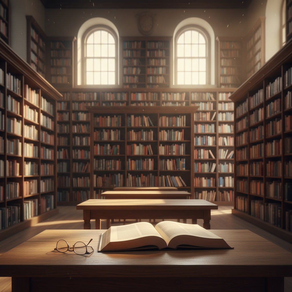 An expansive library reading room with towering wooden shelves stretching into soft blur, every shelf densely lined with books of varying ages and colors. In the foreground, a single open book lies on a long oak table, a delicate pair of reading glasses set diagonally across the page as if just lifted from a thoughtful pause. Golden hour sunlight filters through high arched windows, catching dust motes in the air like drifting ideas. Captured from a low, slightly wide-angle perspective, the image emphasizes depth and scale. The mood is warm, intellectual, and quietly grand, suggesting how accumulated human wisdom is built from countless small reflections.