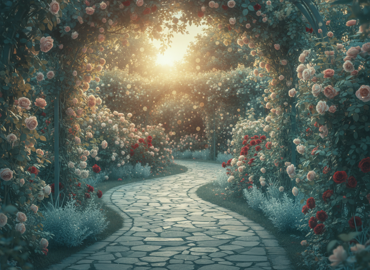 A romantic pathway through a garden lined with roses, warm golden light filtering through, but with a cool blue-green tint — think sage greens, teal shadows, and soft dusty blue tones woven through the foliage and light. Roses on the sides, soft bokeh, late afternoon mood, sophisticated and dreamy atmosphere.